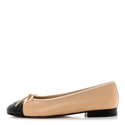 Chanel Lambskin Cap Toe CC Ballerina Flats 37 Beige Black 1 of 9