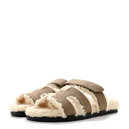 Hermes Suede Goatskin Woolskin Womens Chypre Sandals 39 Etoupe Ecru 4 of 10