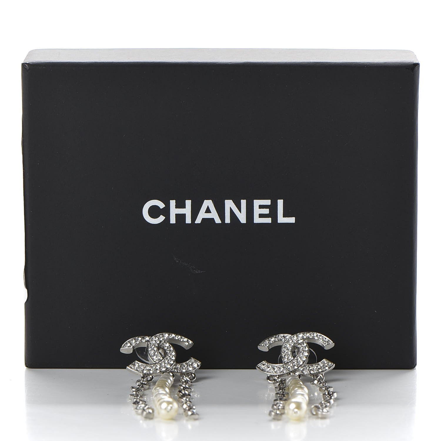 Chanel Pearl Crystal CC Dangle Earrings Silver 5 of 5