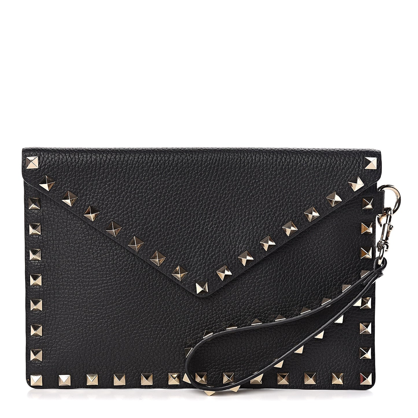Pebbled Calfskin Medium Rockstud Envelope Flat Wristlet Pouch Black