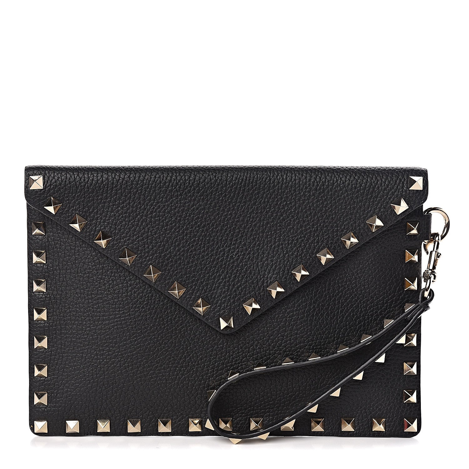 Valentino Garavani Pebbled Calfskin Medium Rockstud Envelope Flat Wristlet Pouch Black 1 of 7