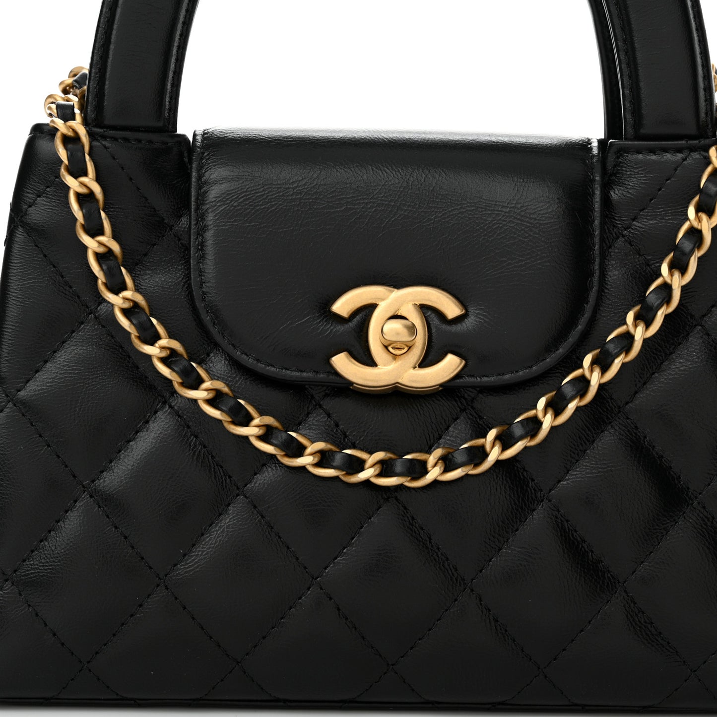 Shiny Aged Calfskin Quilted Nano Kelly Shopper Black