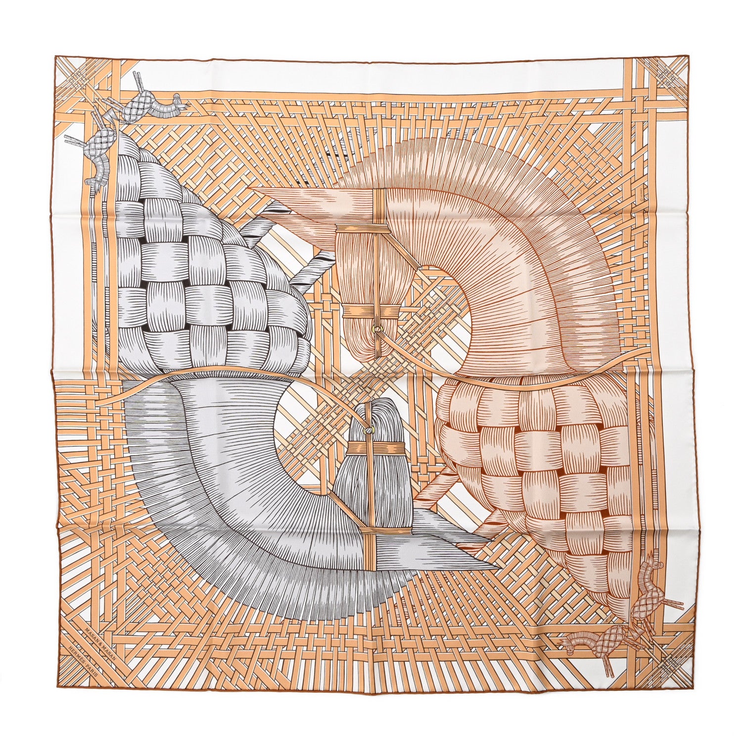 Hermes Silk Masan & Masan Scarf 90 White Beige Gris 1 of 5