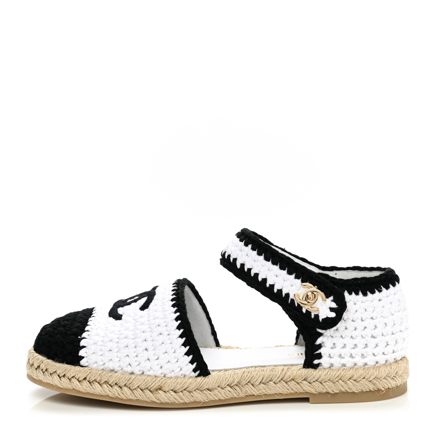 Chanel Braided Knit Cap Toe CC Ankle Strap Espadrilles 39 White Black 1 of 9