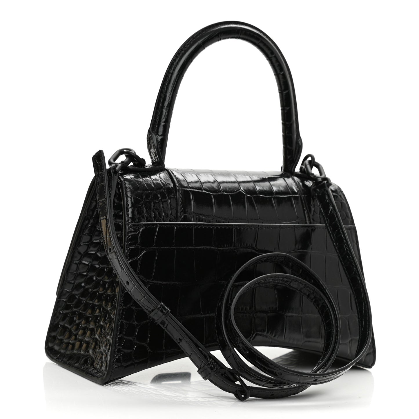 Shiny Calfskin Monochrome Crocodile Embossed Small Hourglass Top Handle Bag Black