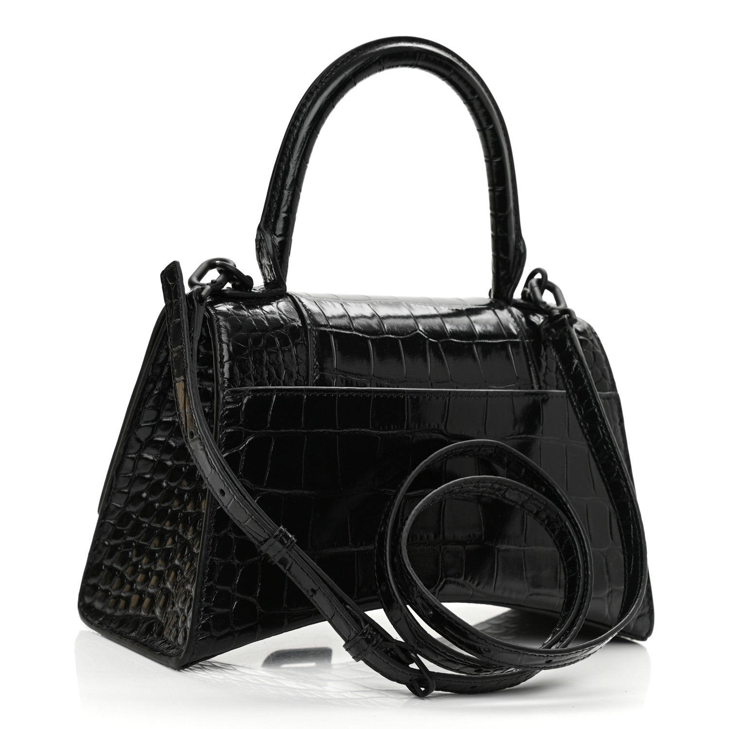 Balenciaga Shiny Calfskin Monochrome Crocodile Embossed Small Hourglass Top Handle Bag Black 3 of 8