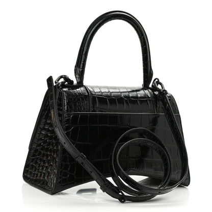 Balenciaga Shiny Calfskin Monochrome Crocodile Embossed Small Hourglass Top Handle Bag Black 3 of 8