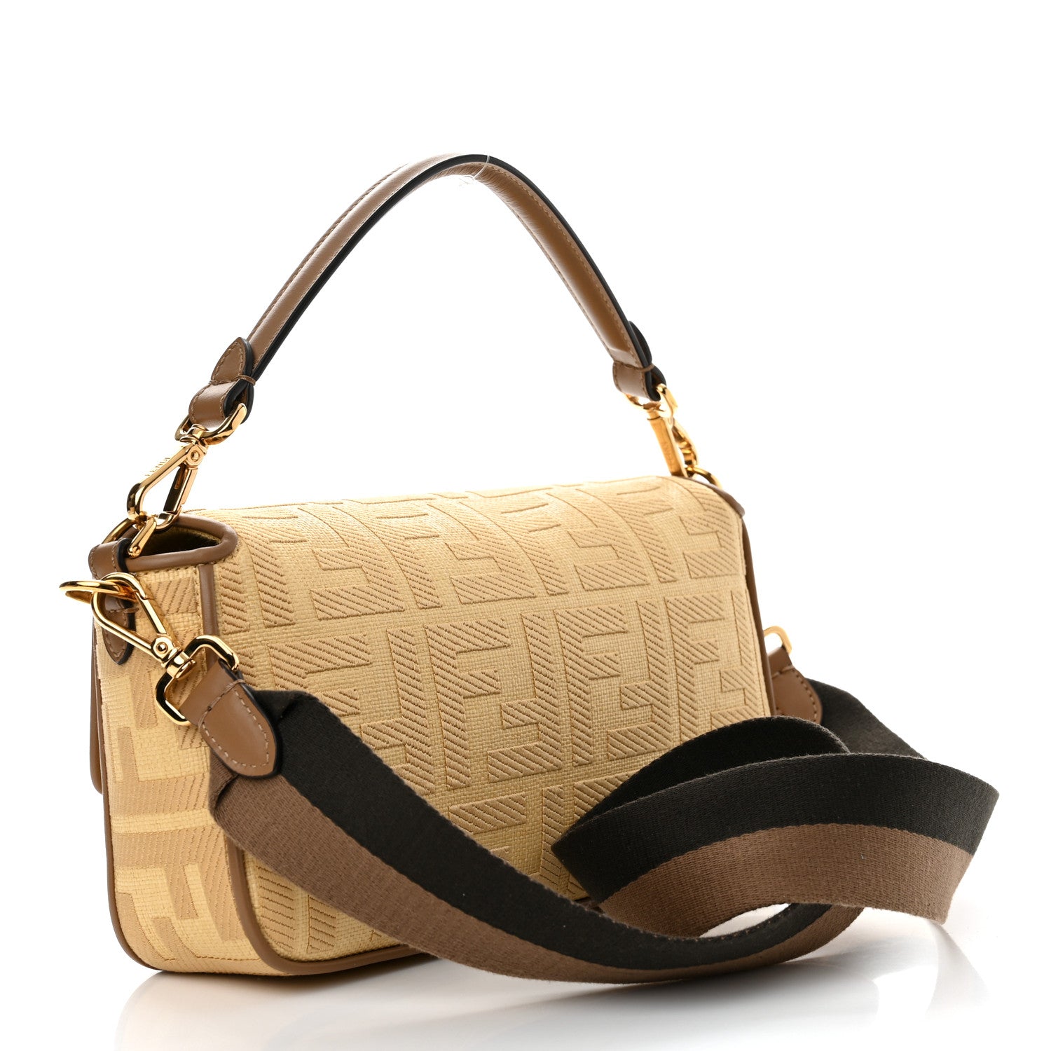 Fendi Raffia Vitello King Lucido FF Embroidered Baguette Grano Sand 3 of 11