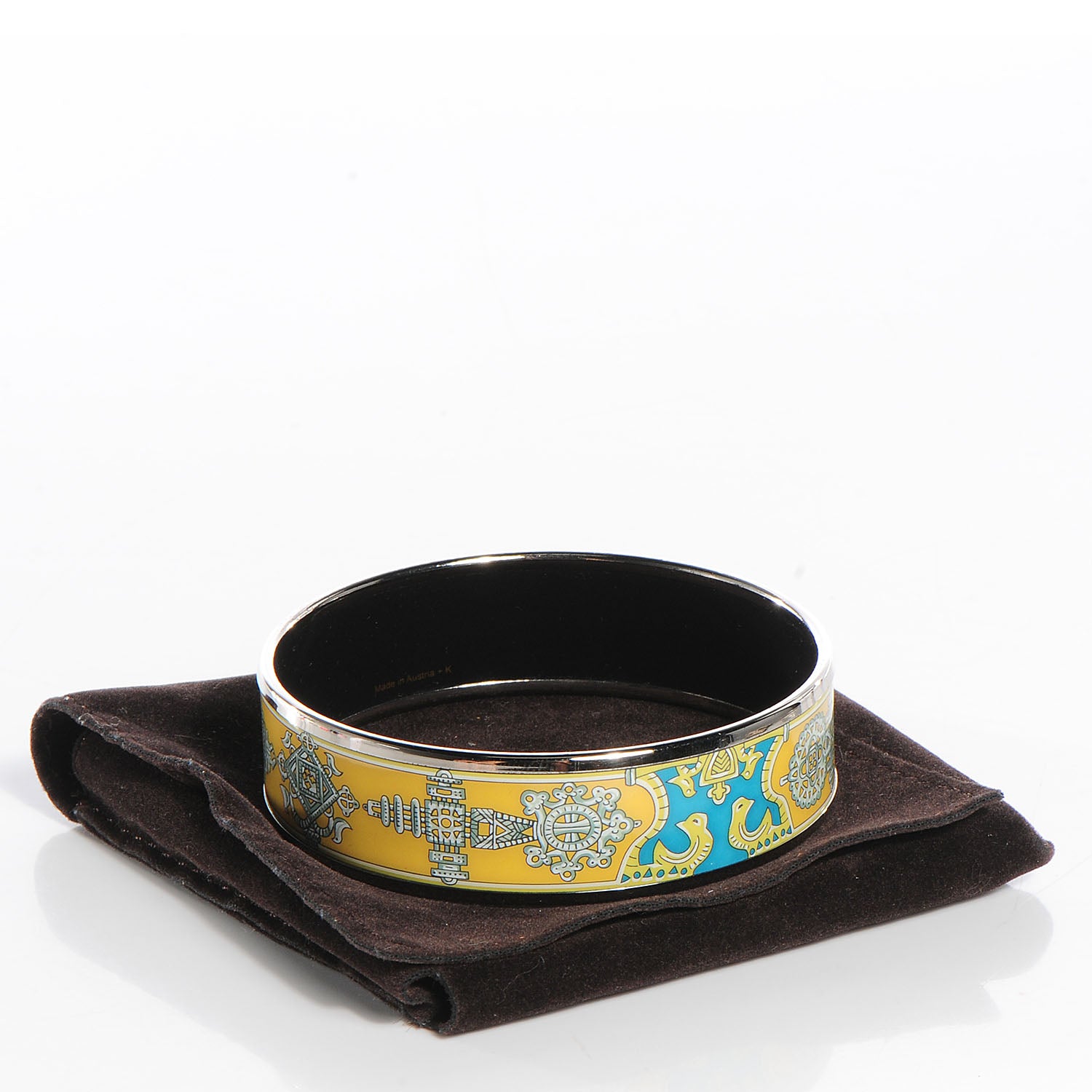 Hermes Enamel Printed Ornate Doves Wide Bracelet Bleu Yellow 65 4 of 6