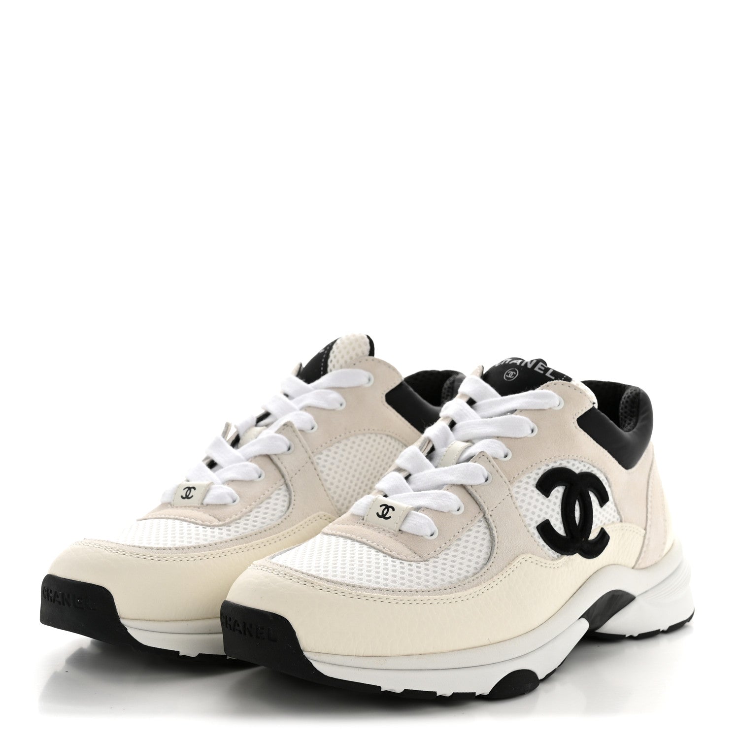 Chanel Mesh Suede Grained Calfskin Womens CC Sneakers 38.5 White Black 4 of 10