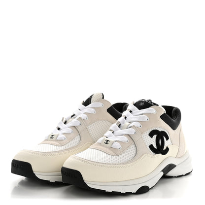 Chanel Mesh Suede Grained Calfskin Womens CC Sneakers 38.5 White Black 4 of 10