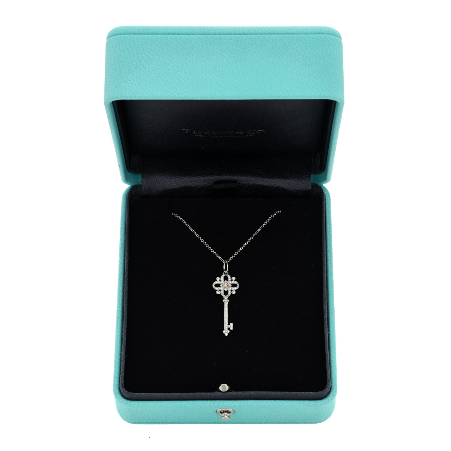 Tiffany Platinum 18K Rose Gold Pink Diamond Floret Key Pendant Necklace 4 of 4