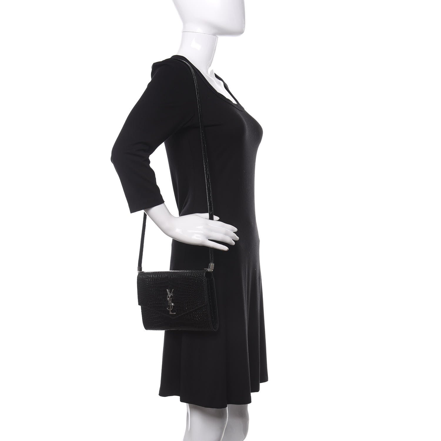 Saint Laurent Calfskin Crocodile Embossed Monogram Uptown Crossbody Black 2 of 9