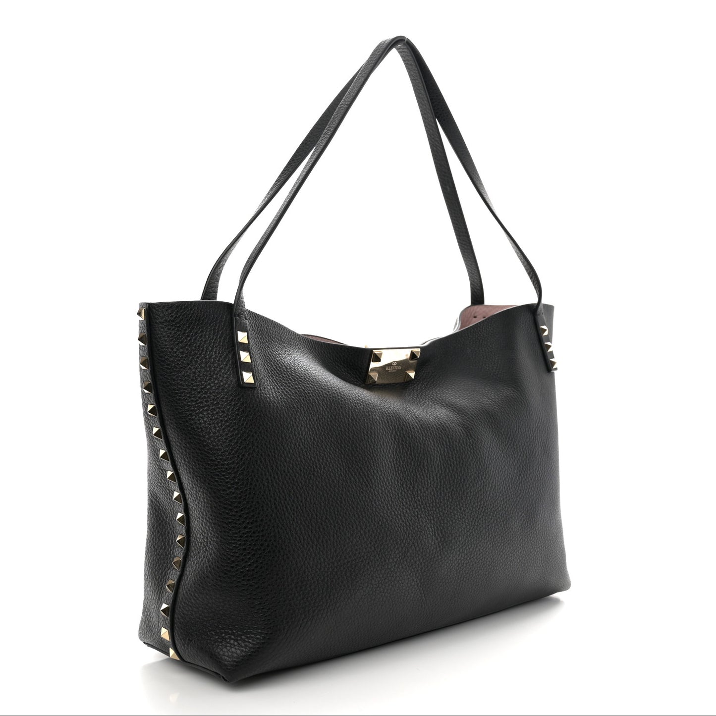 Grained Calfskin Rockstud Flip Lock Tote Black Rose Quartz