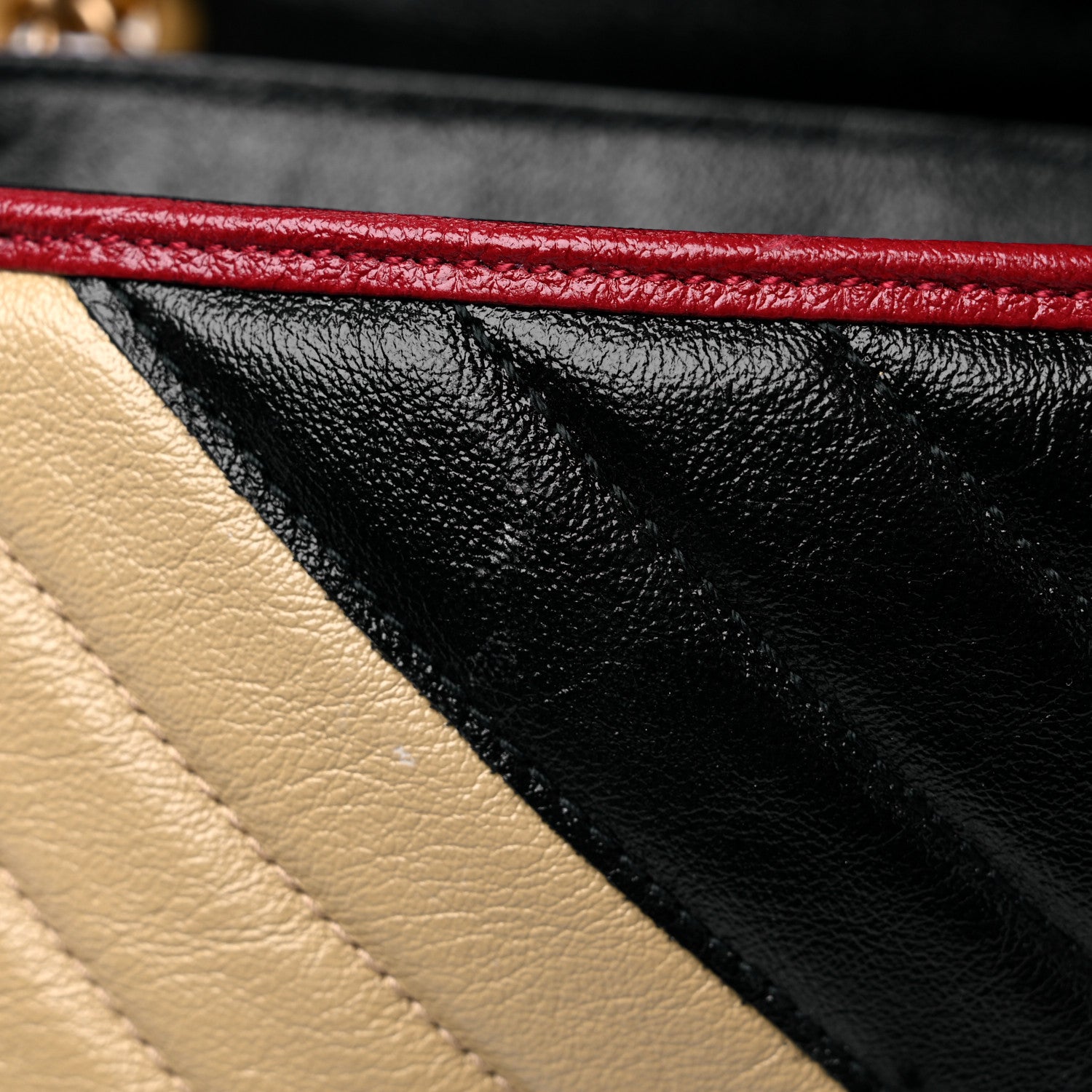 Gucci Vintage Effect Calfskin Matelasse Diagonal Striped Small Torchon GG Marmont Shoulder Bag Black Beige 10 of 11