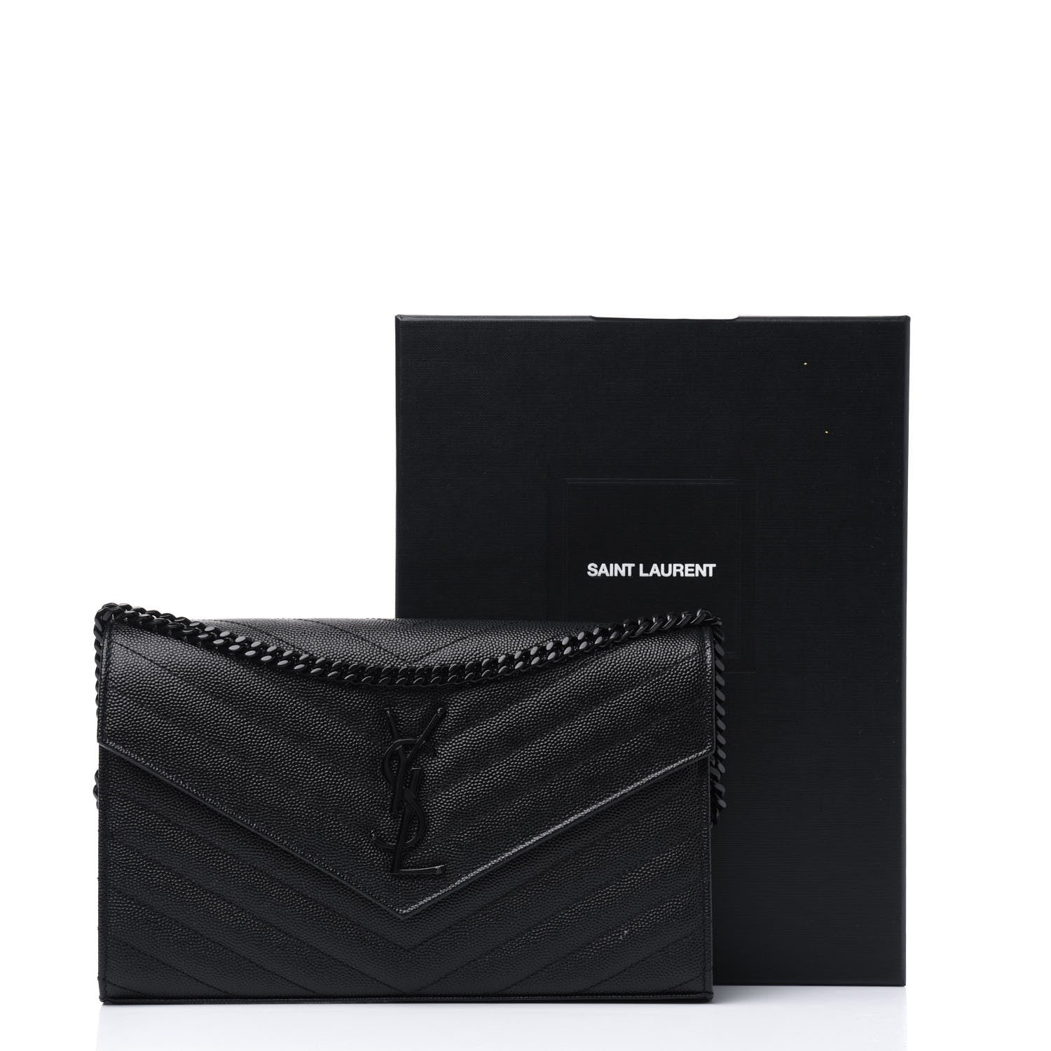 Saint Laurent Grain De Poudre Matelasse Chevron Monogram Chain Wallet Black 10 of 10