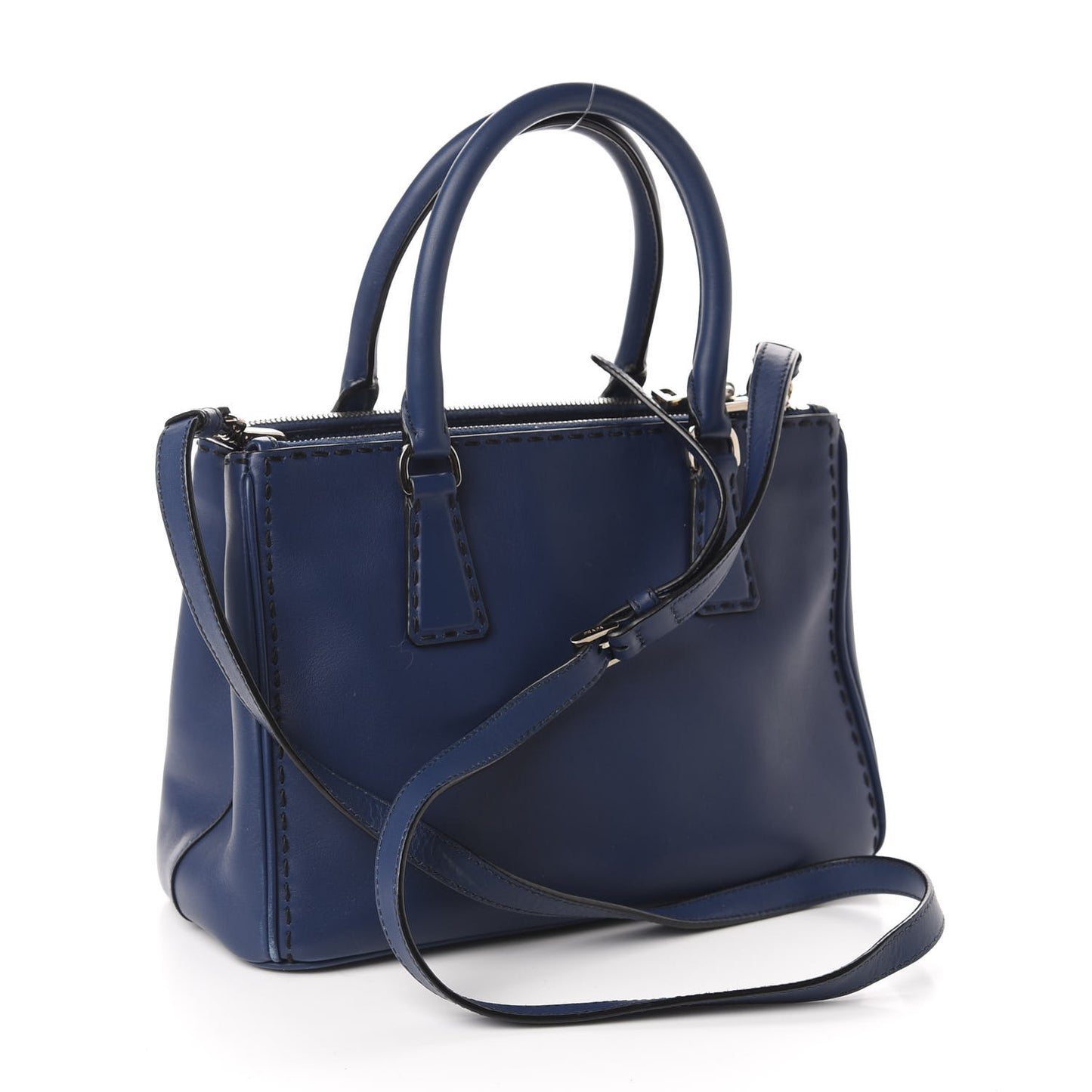 City Calf Hand Stitched Small Galleria Double Zip Tote Bluette