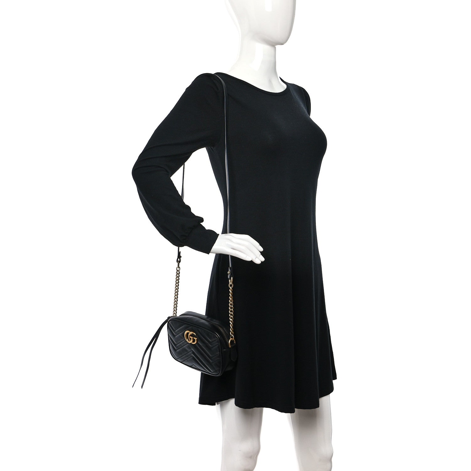 Gucci Calfskin Matelasse Mini GG Marmont Chain Shoulder Bag Black 2 of 9