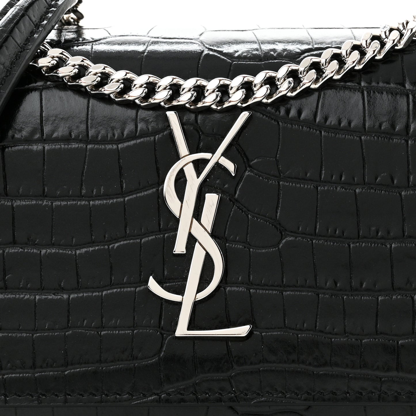 Calfskin Crocodile Embossed Monogram Sunset Chain Wallet Black