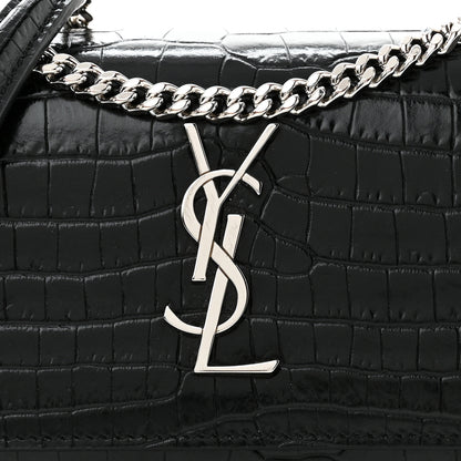 Saint Laurent Calfskin Crocodile Embossed Monogram Sunset Chain Wallet Black 9 of 11