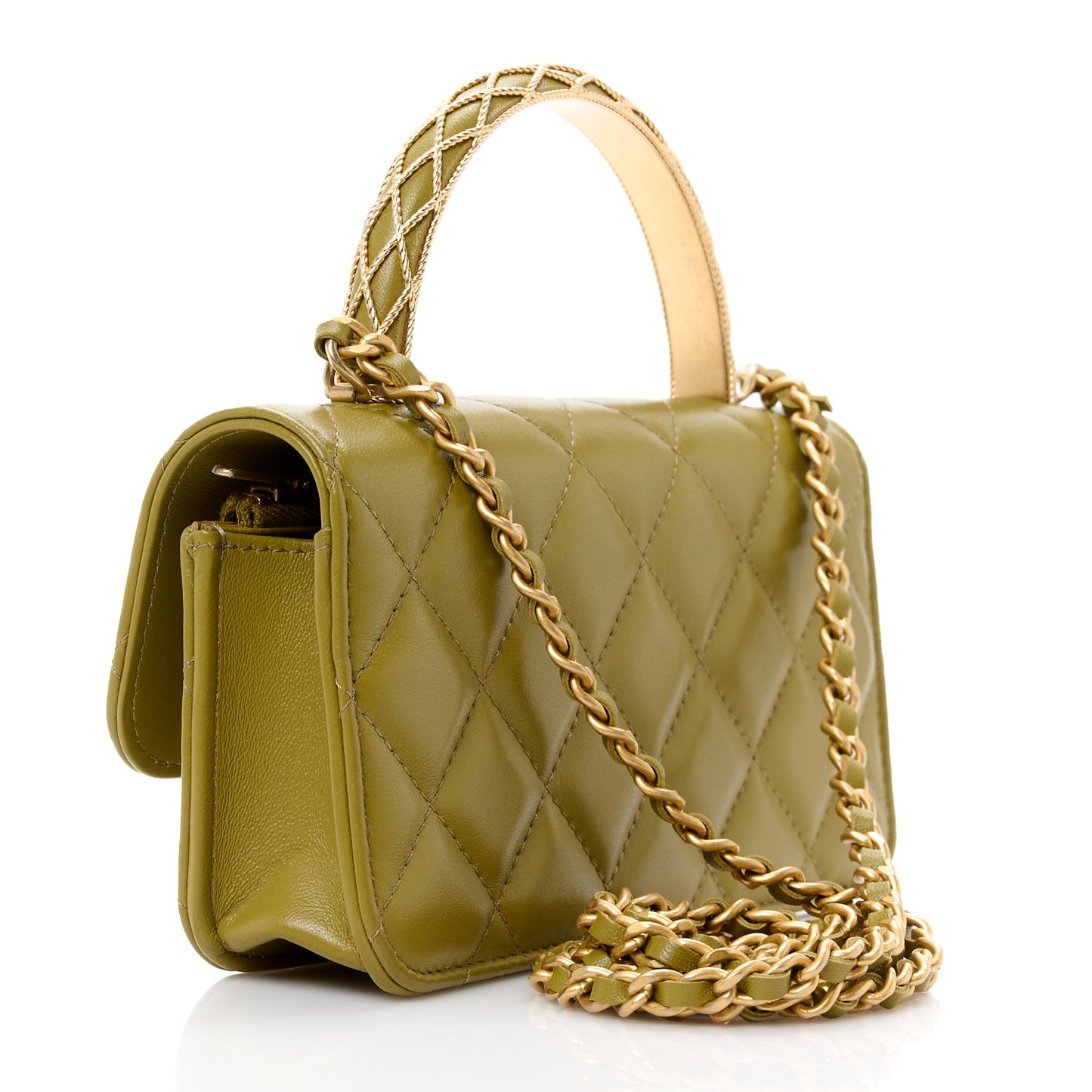 Lambskin Quilted Metal Twist Top Handle Flap Phone Holder With Chain Green