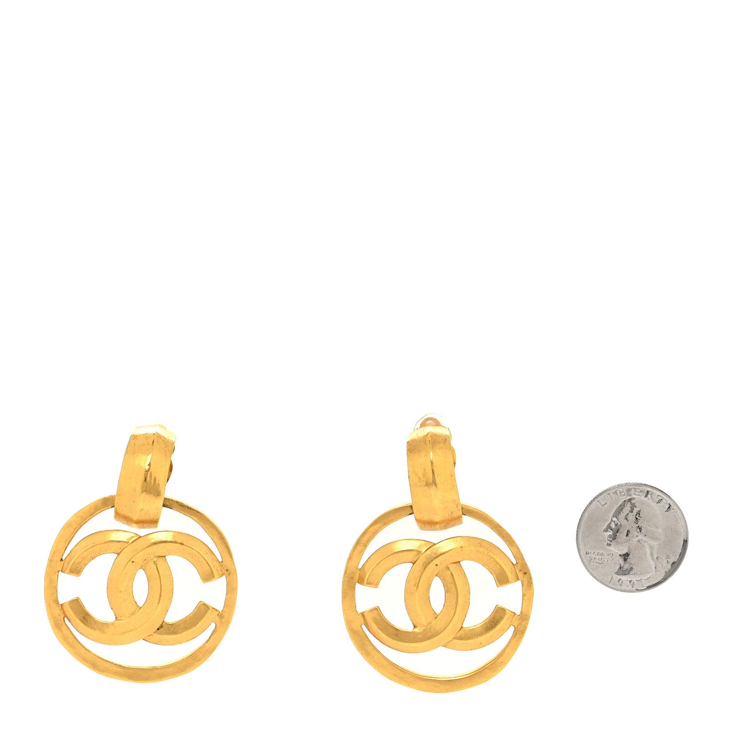 Metal Round CC Drop Clip On Earrings Gold