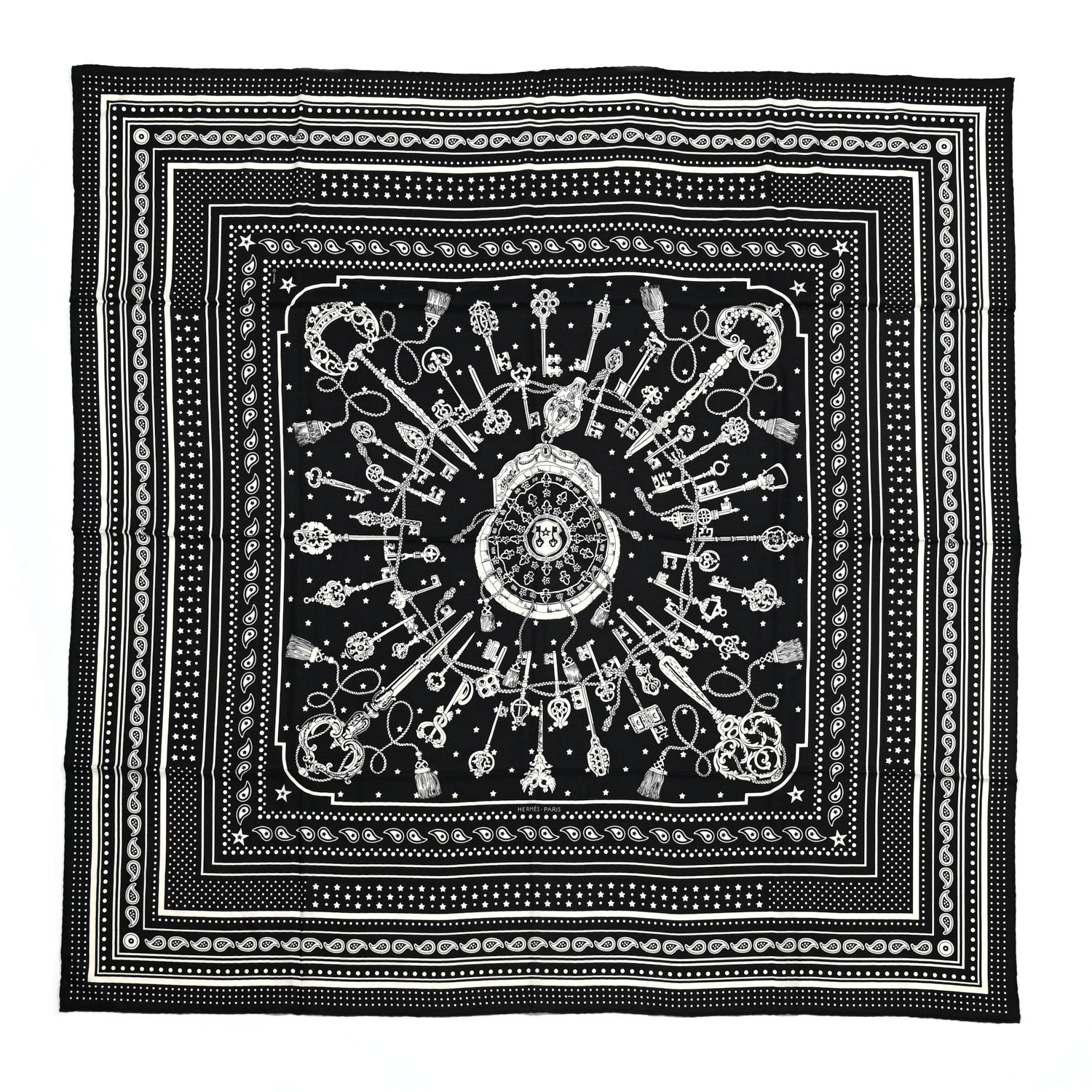 Hermes Cashmere Silk Les Cles Bandana Shawl 140 Black White 1 of 6