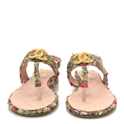 Chanel Tweed CC Logo Thong Sandals 37 Green Pink White 2 of 9