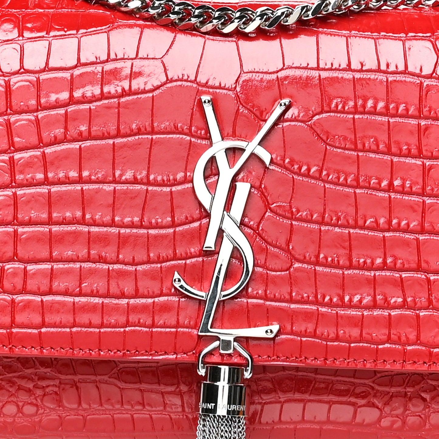 Calfskin Crocodile Embossed Medium Classic Monogram Kate Tassel Satchel Red