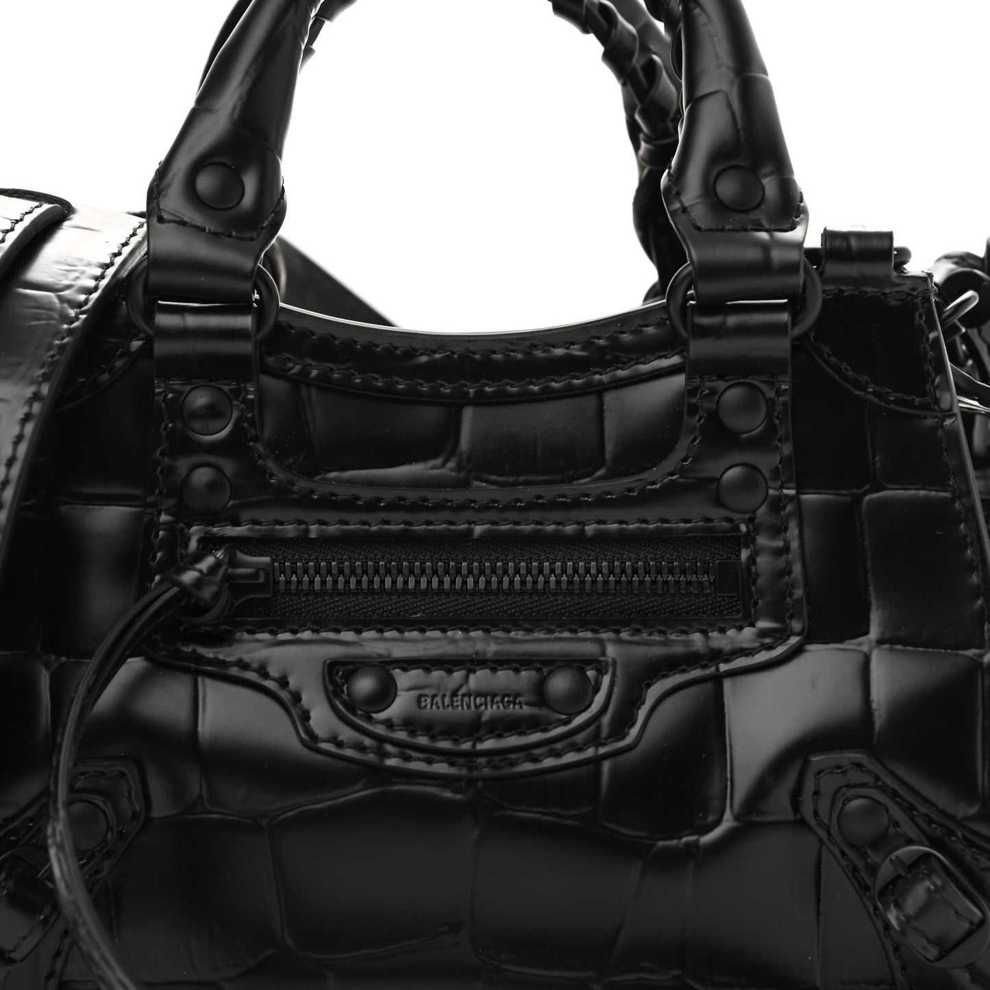 Semi Shiny Calfskin Crocodile Embossed Neo Classic Black Hardware Nano City Crossbody Black