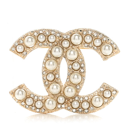 Chanel Metal Crystal Graduated Pearl CC Brooch Gold 1 of 4