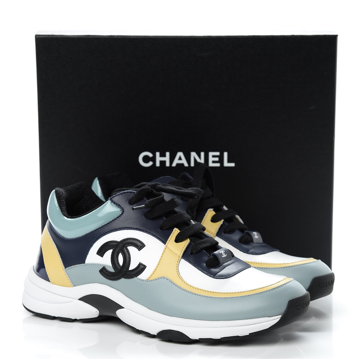 Chanel Calfskin Patent CC Sneakers 41 White Blue Yellow 14 of 14