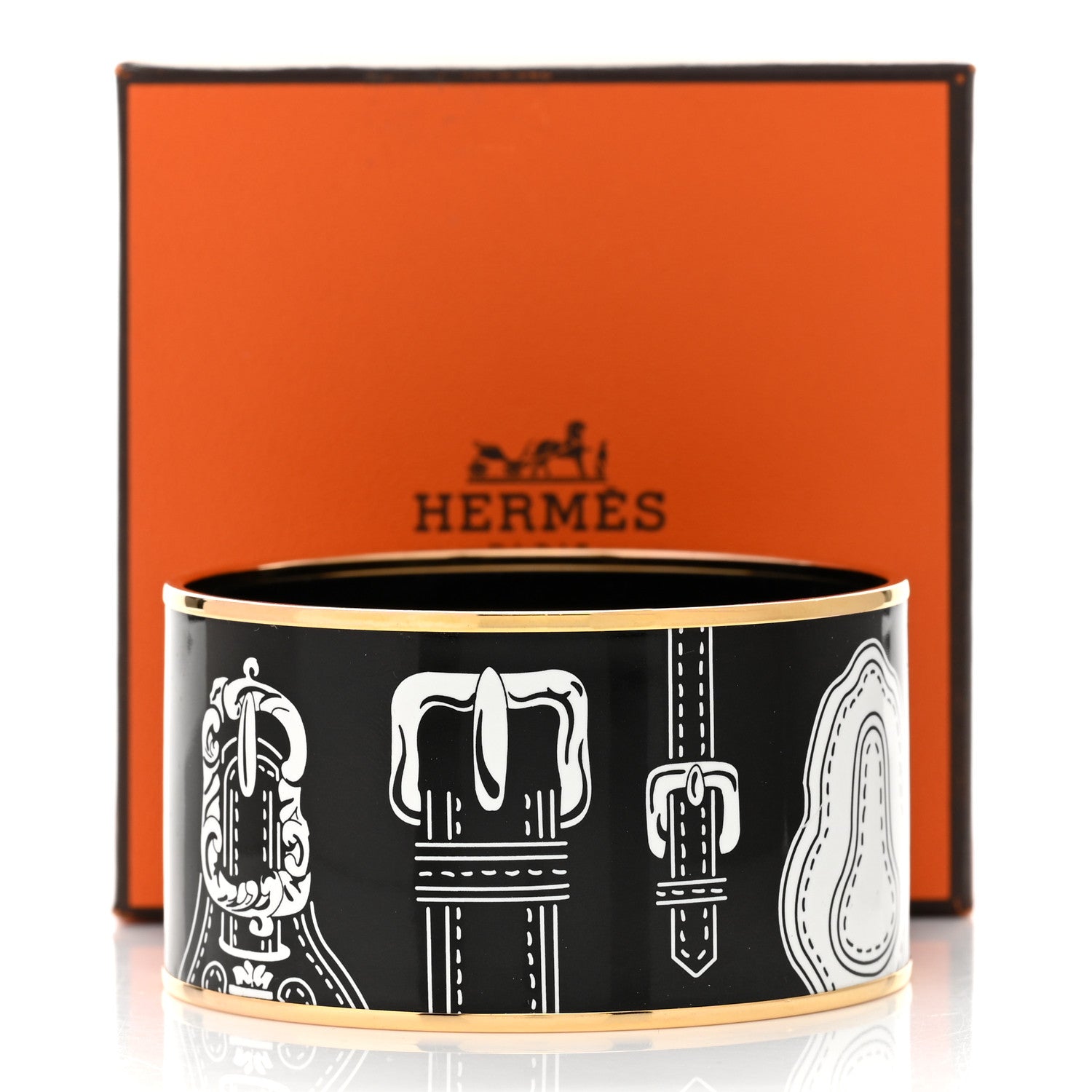 Hermes Enamel Printed Harnais Des Presidents Extra Wide Bracelet 62 Black 6 of 6