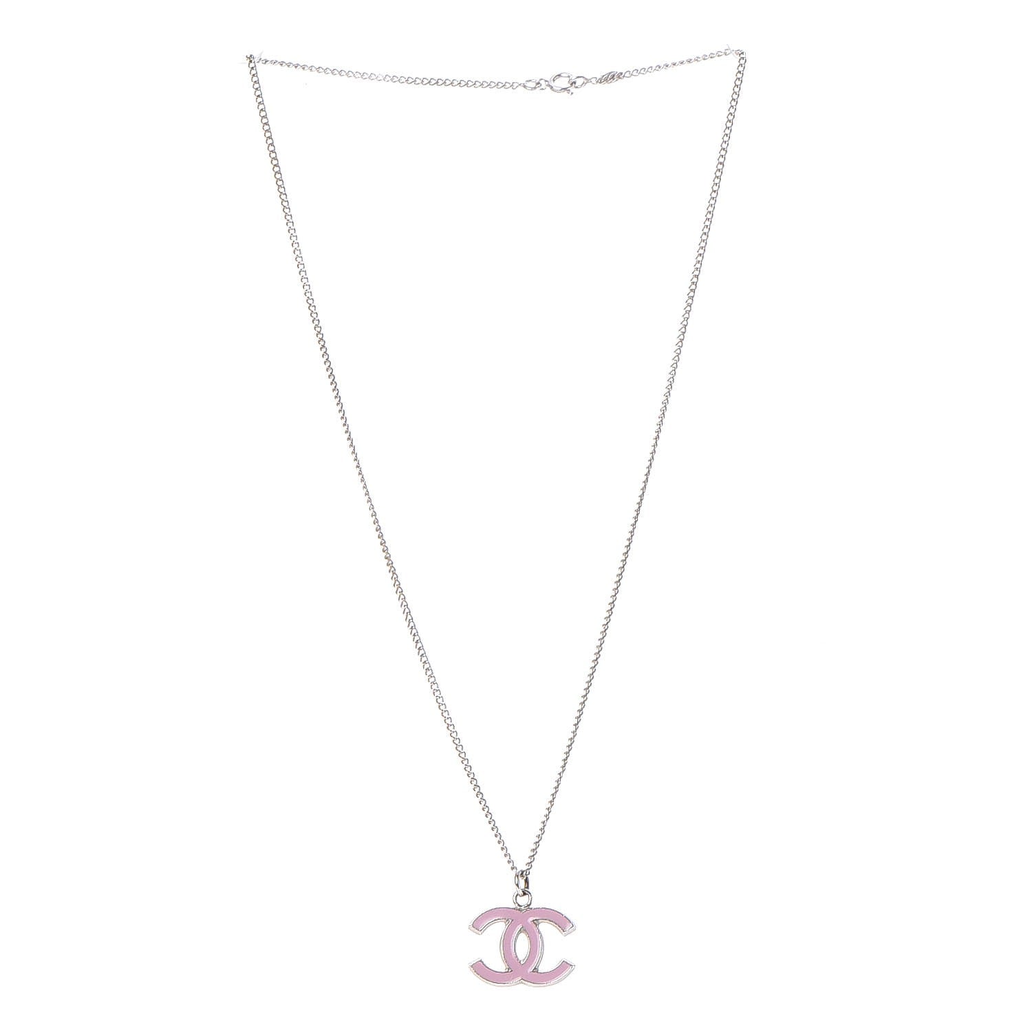 Chanel Enamel CC Necklace Silver Pink 3 of 6