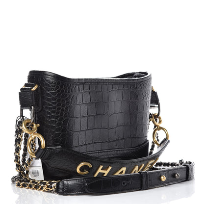 Chanel Calfskin Crocodile Embossed Small Gabrielle Cocodile Hobo Black 5 of 13