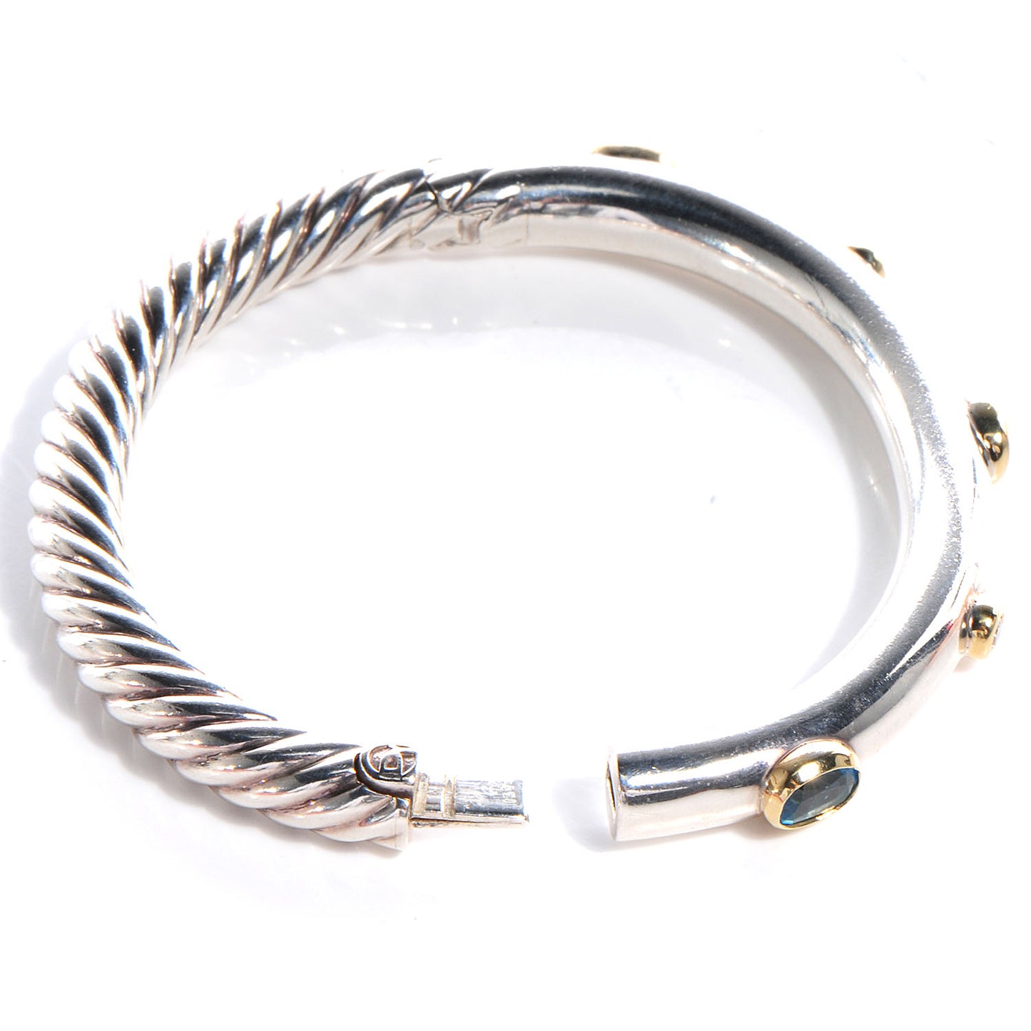 Sterling Silver 18K Yellow Gold Blue Topaz Diamond 7mm Renaissance Bangle Bracelet