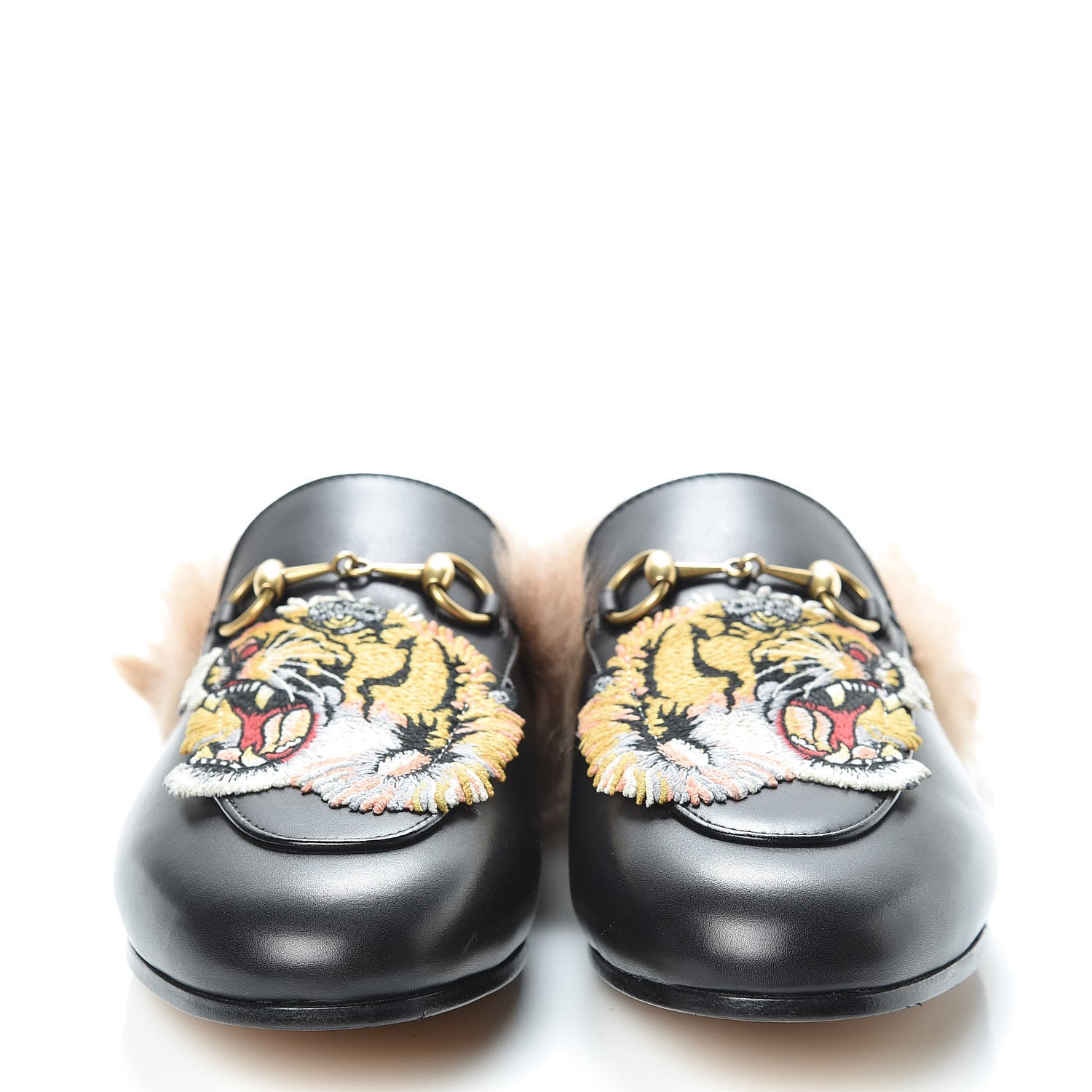 Gucci Calfskin Lambswool Tiger Embroidered Womens Princetown Slippers 37.5 Black 2 of 8