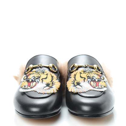 Gucci Calfskin Lambswool Tiger Embroidered Womens Princetown Slippers 37.5 Black 2 of 8