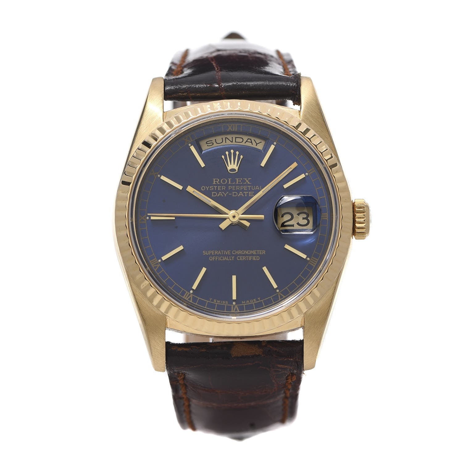 Rolex 18K Yellow Gold Alligator 36mm Oyster Perpetual Day-Date Watch Bright Blue 18238 1 of 8