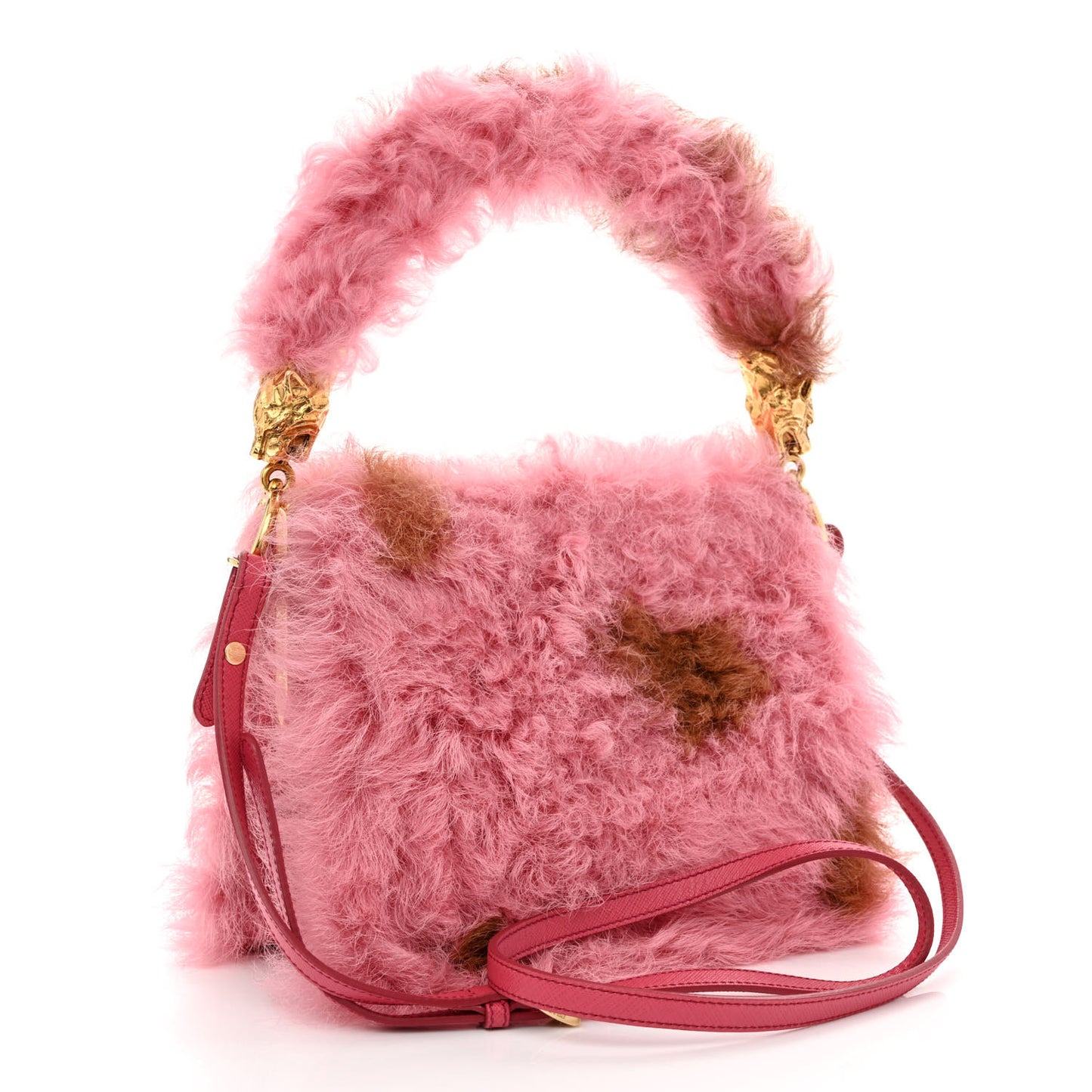 Montone Shearling Fox Fur Saffiano Shoulder Bag Begonia Cammello