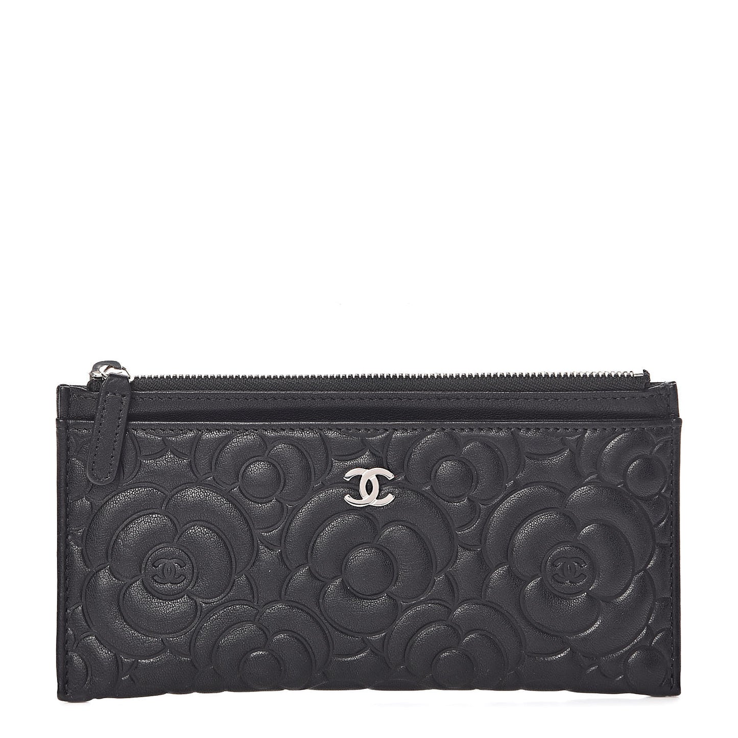 Goatskin Camellia Embossed Zip Pouch Black