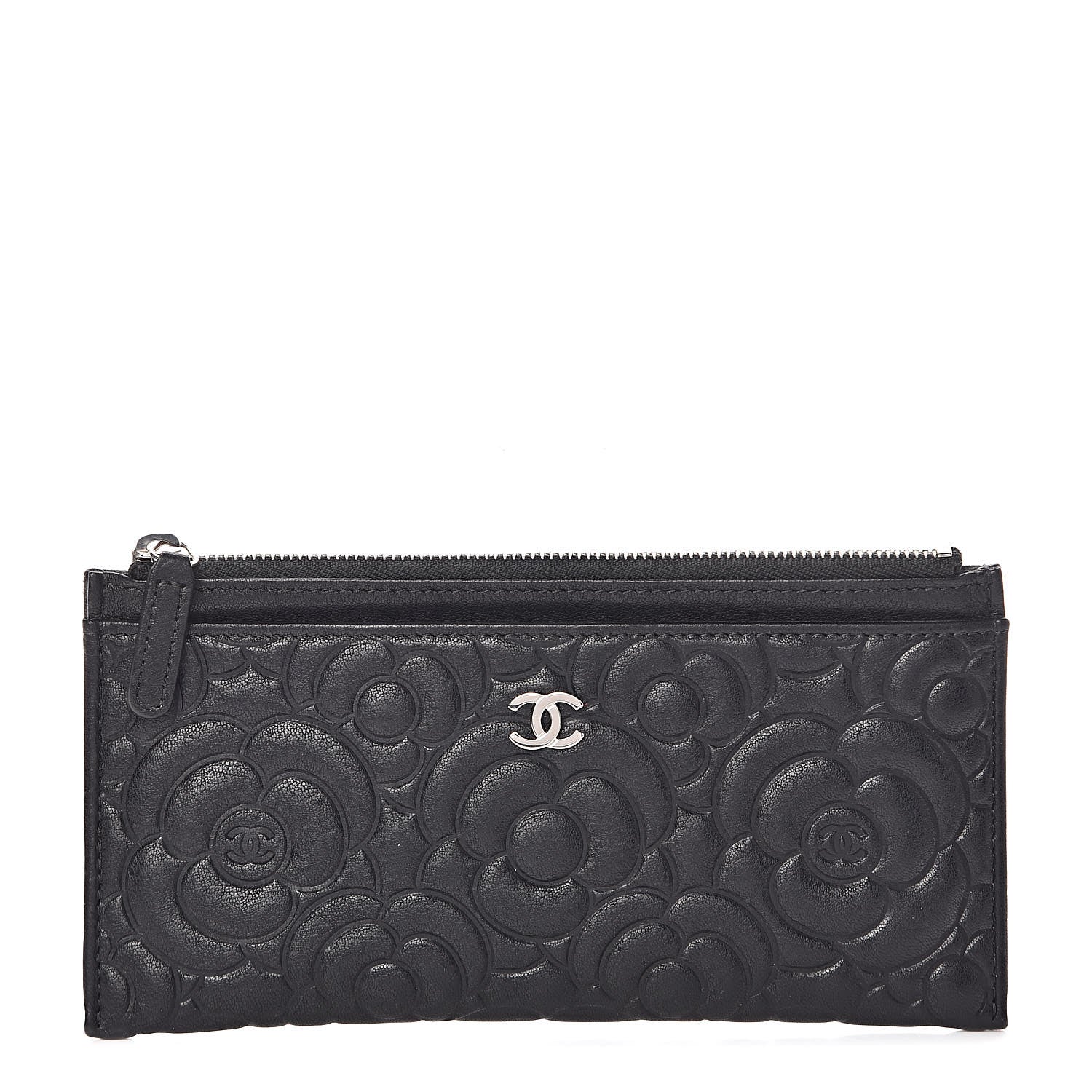 Chanel Goatskin Camellia Embossed Zip Pouch Black 1 of 7