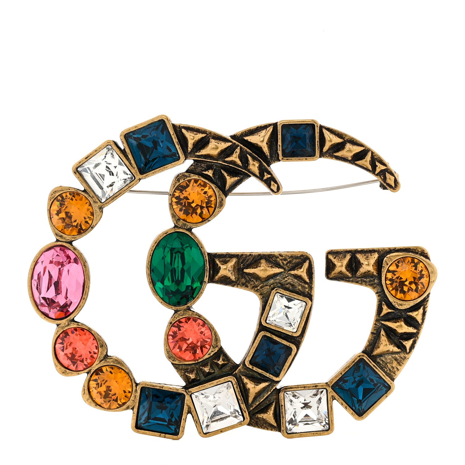 Gucci Metal Crystal Double G Brooch Aged Gold Multicolor 1 of 3