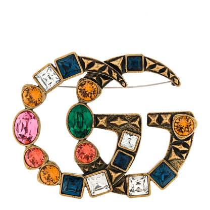 Gucci Metal Crystal Double G Brooch Aged Gold Multicolor 1 of 3