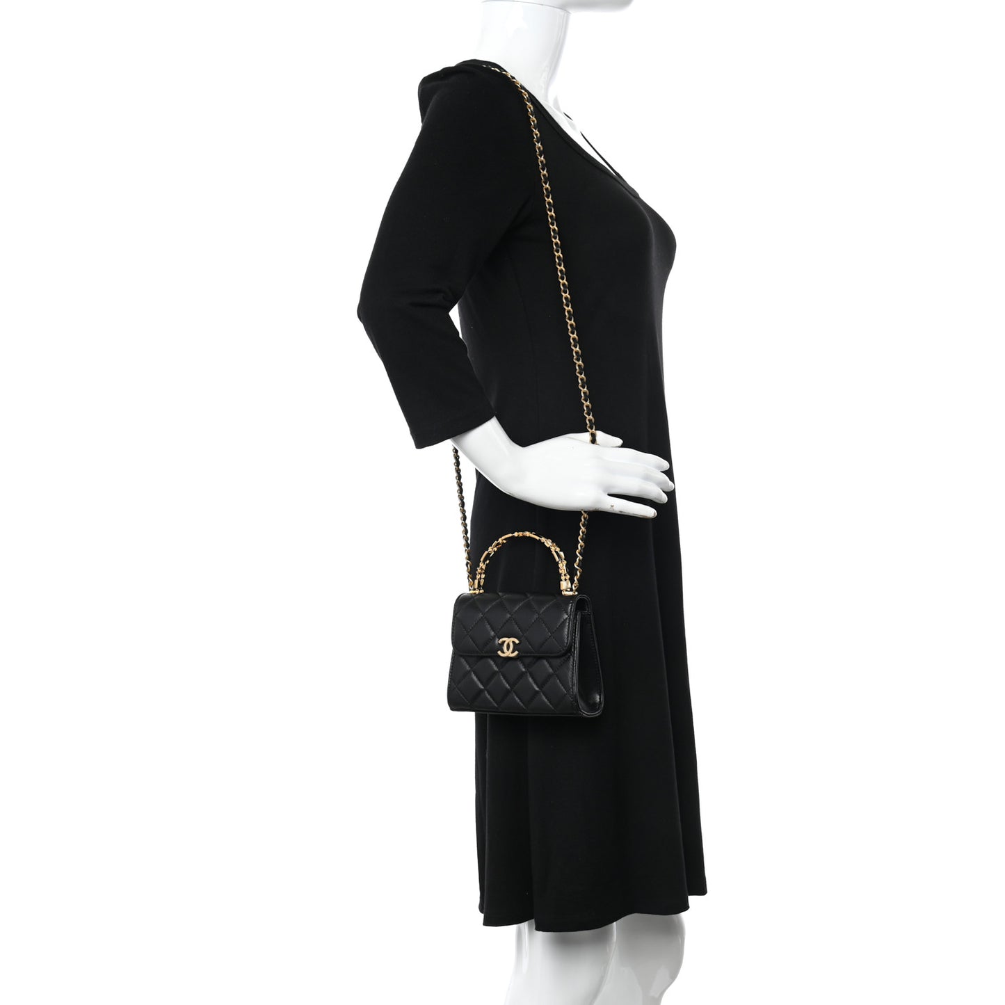 Lambskin Enamel Quilted Top Handle Flap With Chain Black