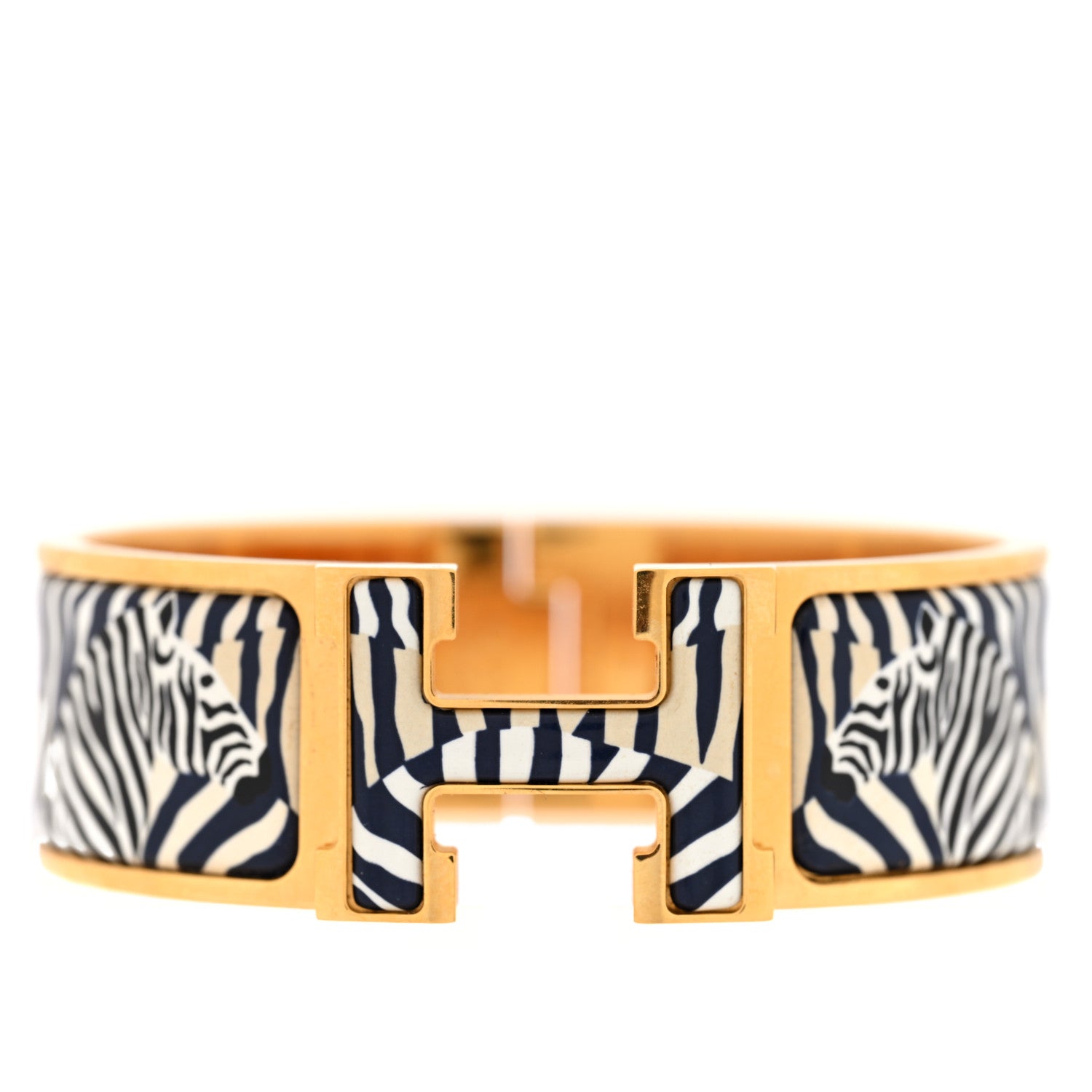 Hermes Enamel Printed Wide Zebres De Tanzania Clic Clac H Bracelet PM Beige Blue 1 of 4