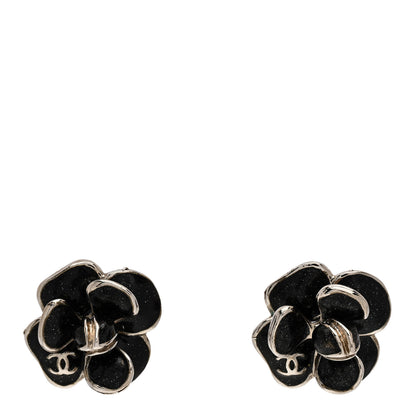 Chanel Enamel CC Camellia Clip On Earrings Black 1 of 4
