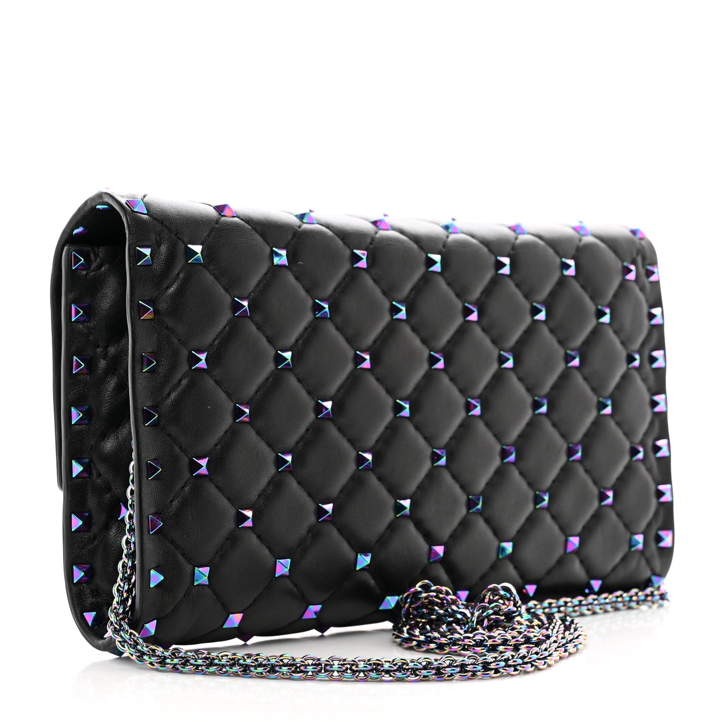 Lambskin Oil Slick Rockstud Spike Wallet on Chain Black