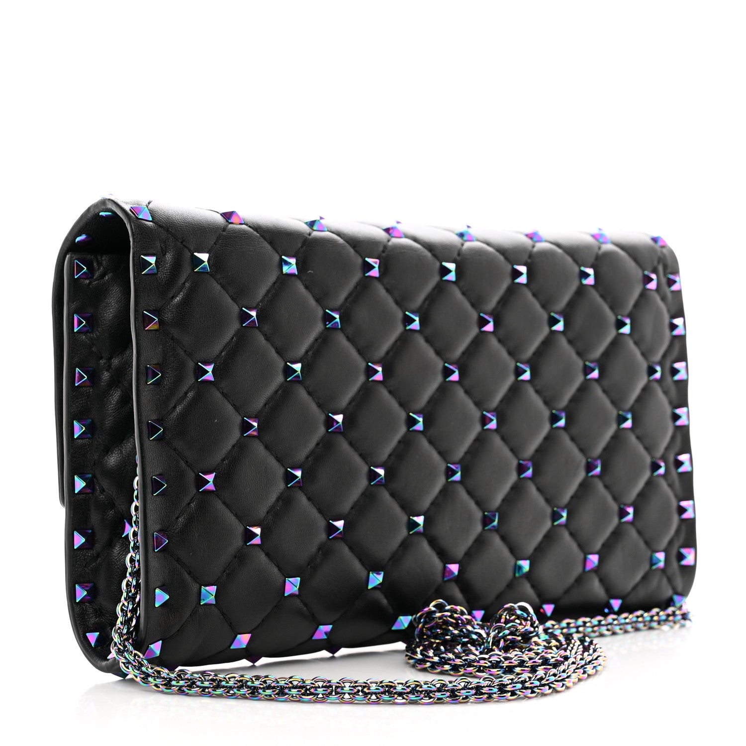 Valentino Garavani Lambskin Oil Slick Rockstud Spike Wallet on Chain Black 4 of 15