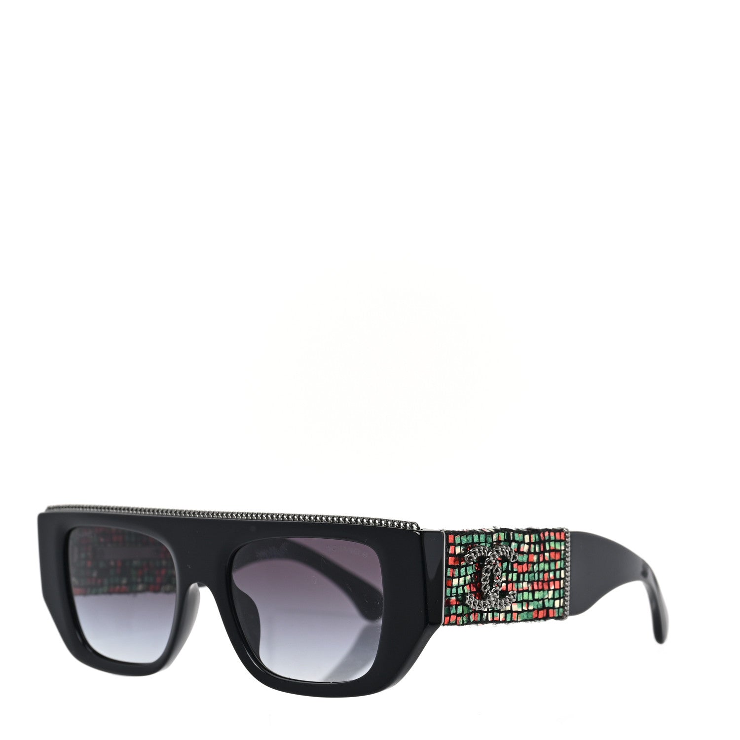Chanel Acetate Tweed Diamanté Chain CC Rectangle Sunglasses 71549A Black Multicolor 1 of 6